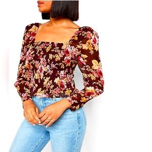 NWT Express L Floral Smocked Square Neck Long-sleeve Top